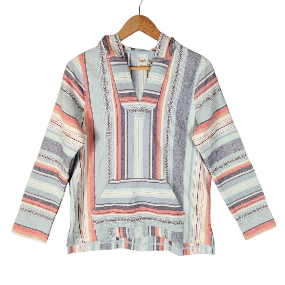 Faherty Good Feather Baja Poncho Hoodie Womens S Blue Aztec Organic Cotton NWT